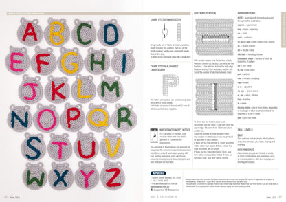 Crocheted alphabet applique set on left, showcasing colorful letters A-Z on round gray backings. Right side has crochet instructions and patterns.