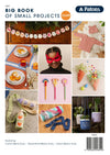 Collage of crochet projects: festive banner, baby set, orange table setting, red mask on girl, flower pens, carrot decor, bottle holders, plant hangers.