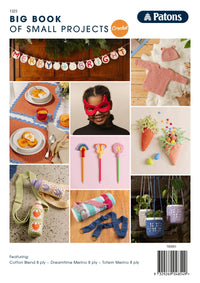 Collage of crochet projects: festive banner, baby set, orange table setting, red mask on girl, flower pens, carrot decor, bottle holders, plant hangers.
