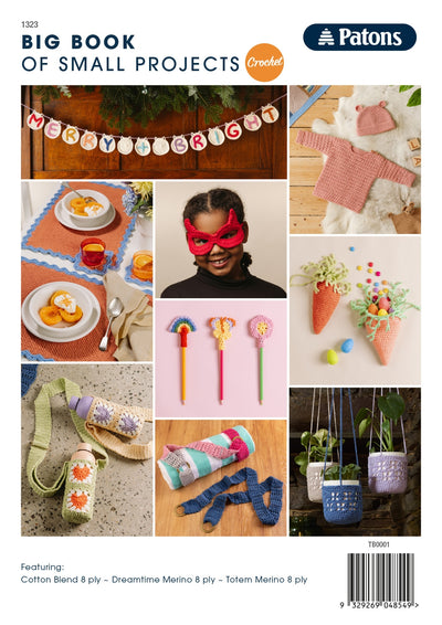 Collage of crochet projects: festive banner, baby set, orange table setting, red mask on girl, flower pens, carrot decor, bottle holders, plant hangers.