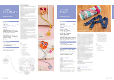 Two crochet project descriptions on a magazine page, featuring a "Pansy Bookmark" with colorful floral crochet designs and a "Carry Strap" with a striped crochet pattern and blue straps. Both projects include measurements, materials, and images illustrating their colorful and intricate designs. The tone is instructional and creative.