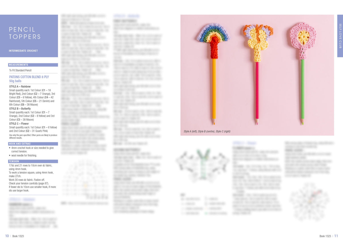 Three colorful crochet pencil toppers on a pink background. They are shaped like a rainbow, a butterfly, and a flower, attached to pencils.