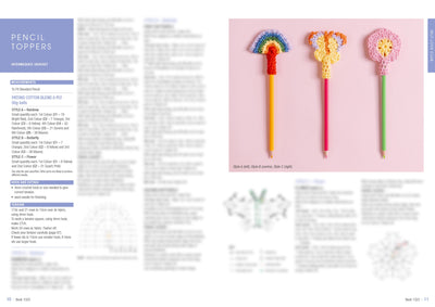 Three colorful crochet pencil toppers on a pink background. They are shaped like a rainbow, a butterfly, and a flower, attached to pencils.