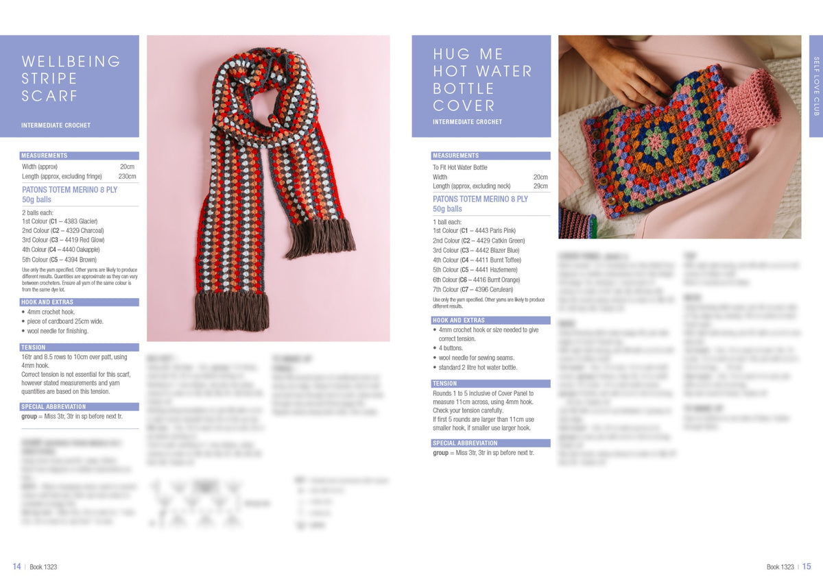 A crochet pattern guide displaying a striped scarf and a hot water bottle cover. The scarf, on the left, features red, white, and brown stripes with tassels on a pink background. The hot water bottle cover, on the right, is multicolored with a central floral design, shown on a wooden surface with a pink fabric. Both sections include measurements and yarn details on blue backgrounds. The tone is cozy and craft-oriented.