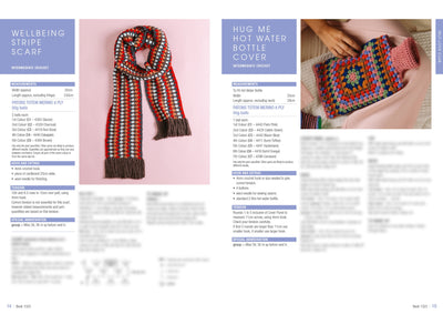 A crochet pattern guide displaying a striped scarf and a hot water bottle cover. The scarf, on the left, features red, white, and brown stripes with tassels on a pink background. The hot water bottle cover, on the right, is multicolored with a central floral design, shown on a wooden surface with a pink fabric. Both sections include measurements and yarn details on blue backgrounds. The tone is cozy and craft-oriented.