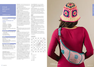A woman in a magenta dress models a colorful crochet hat and bag. The hat features vibrant floral patterns, while the bag has blue and pink accents. Emphasizes a creative, handmade style.