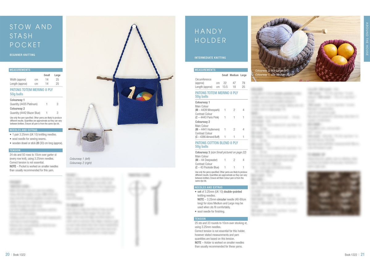 Two-page knitting pattern spread. Left page shows "Stow and Stash Pocket," featuring small and large knitted wall pockets with colorful yarn. Right page displays "Handy Holder," with small baskets holding yarn and fruits. Both pages include measurements, materials, and instructions, set against a clean, organized background.