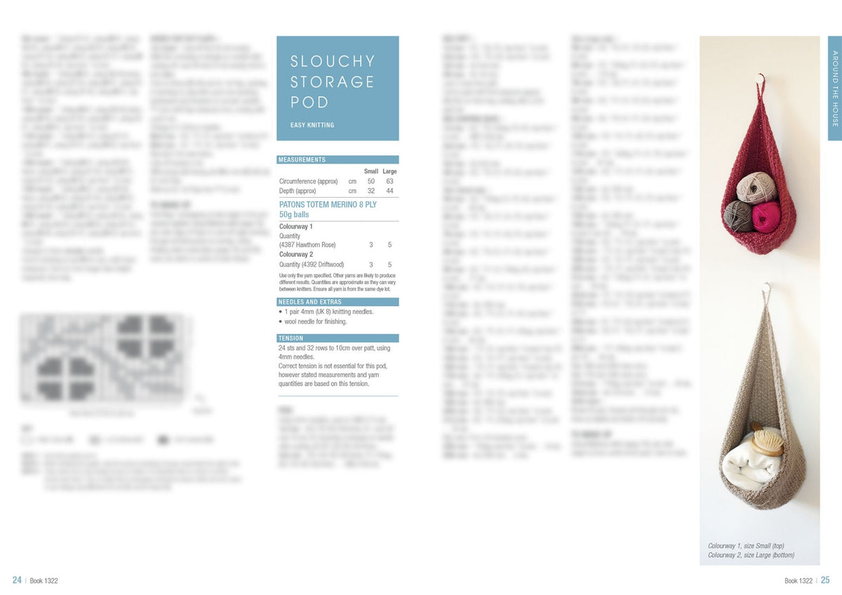 Magazine spread featuring knitting instructions for 'Slouchy Storage Pod.' Right side shows red and beige knitted pods hanging on a wall, filled with yarn and fabric.