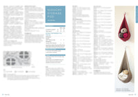 Magazine spread featuring knitting instructions for 'Slouchy Storage Pod.' Right side shows red and beige knitted pods hanging on a wall, filled with yarn and fabric.
