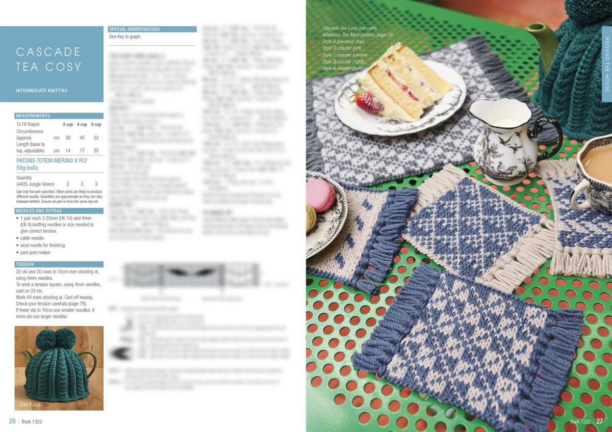 Knitting pattern text for a "Cascade Tea Cosy" on the left. On the right, a green table holds knitted placemats, a teapot, a cup of tea, and a plate with cake. Cozy, creative scene.