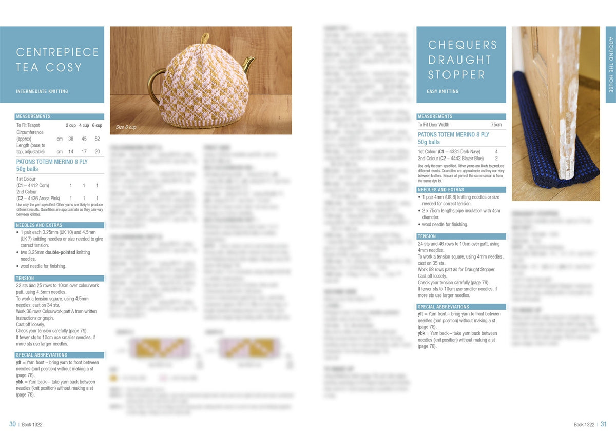 A knitting pattern magazine spread features a pink and white tea cozy on the left page and a blue draught stopper on the right. The text includes measurements and instructions against blue panels. The tone is instructional and creative.