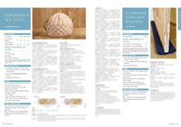 A knitting pattern magazine spread features a pink and white tea cozy on the left page and a blue draught stopper on the right. The text includes measurements and instructions against blue panels. The tone is instructional and creative.