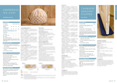 A knitting pattern magazine spread features a pink and white tea cozy on the left page and a blue draught stopper on the right. The text includes measurements and instructions against blue panels. The tone is instructional and creative.