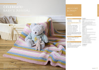 Teddy bear and small toy mouse on a pastel striped knit blanket near a basket. Text reads "Celebrate! Baby's Arrival" and "Welcome Blanket."