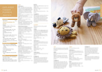 Four knitted animal finger puppets, including a zebra, tiger, elephant, and lion, are displayed on a wooden table. A hand holds the tiger puppet. Text is visible.