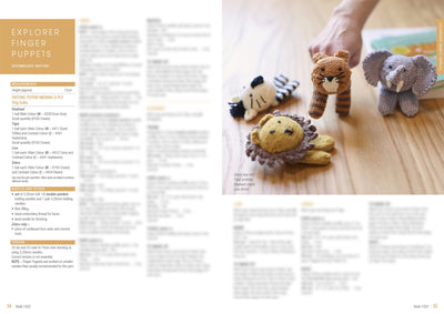 Four knitted animal finger puppets, including a zebra, tiger, elephant, and lion, are displayed on a wooden table. A hand holds the tiger puppet. Text is visible.
