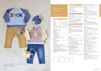 Children’s outfits on a flat surface; pastel blue sweater with 'JACK' in bold letters and tan pants, pink sweater with initials and jeans. Matching accessories include blue booties and stuffed toys. Right side shows knitting pattern instructions titled 'Only You Jumper' with measurements and diagrams.