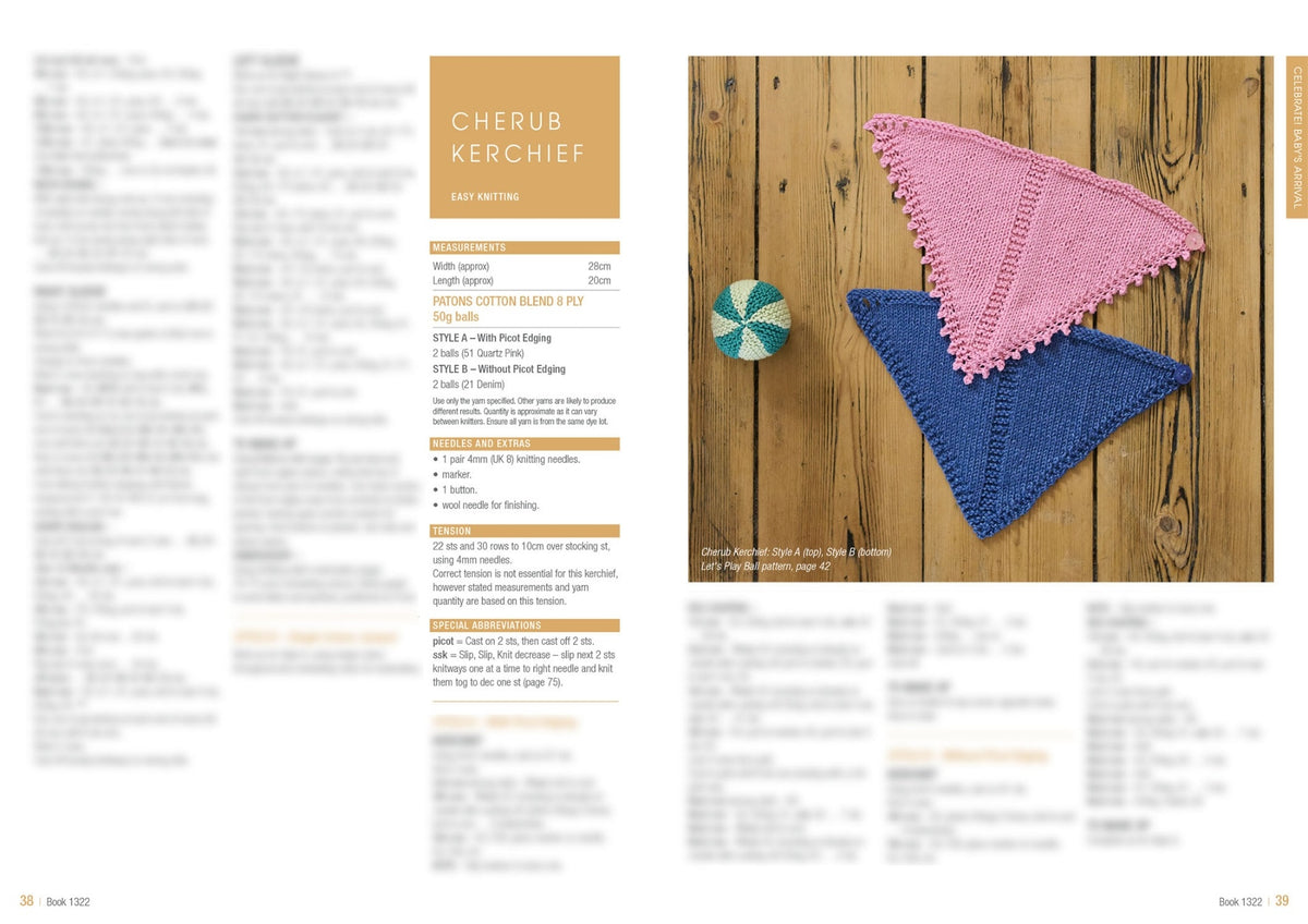 Two knitted triangular kerchiefs, one pink and one blue, are displayed on a wooden surface with a green and white knitted ball nearby. Knitting instructions are visible on the left. The tone is cozy and inviting.