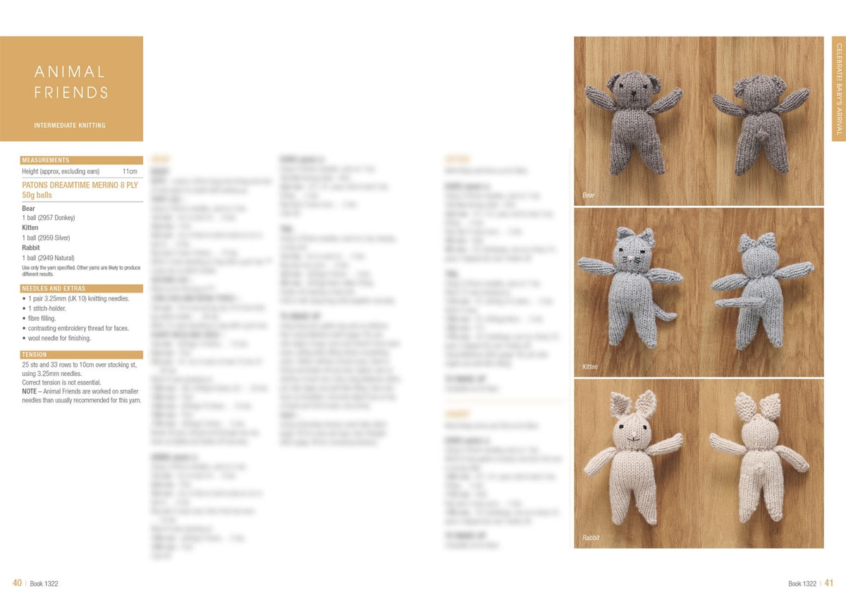Craft page showing three knitted animal toys: a bear, a cat, and a rabbit, displayed on a wooden surface. The left side lists knitting instructions and materials under 'Animal Friends, Intermediate Knitting.' The page conveys a cozy and creative vibe.