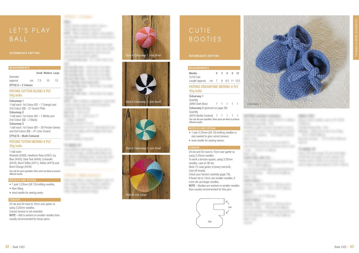 Knitting pattern spread featuring "Let's Play Ball" and "Cutie Booties." Left shows colorful knitted balls; right displays light blue booties on a textured background.