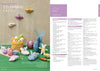 Festive Easter-themed display with knitted animals, eggs, and a basket. Soft pastel colors set a playful tone. Instructions for knitting are on the right.
