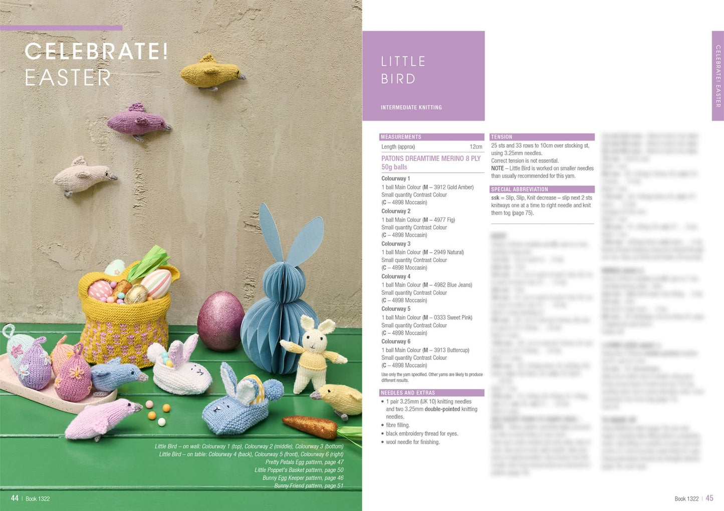Festive Easter-themed display with knitted animals, eggs, and a basket. Soft pastel colors set a playful tone. Instructions for knitting are on the right.