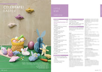 Festive Easter-themed display with knitted animals, eggs, and a basket. Soft pastel colors set a playful tone. Instructions for knitting are on the right.