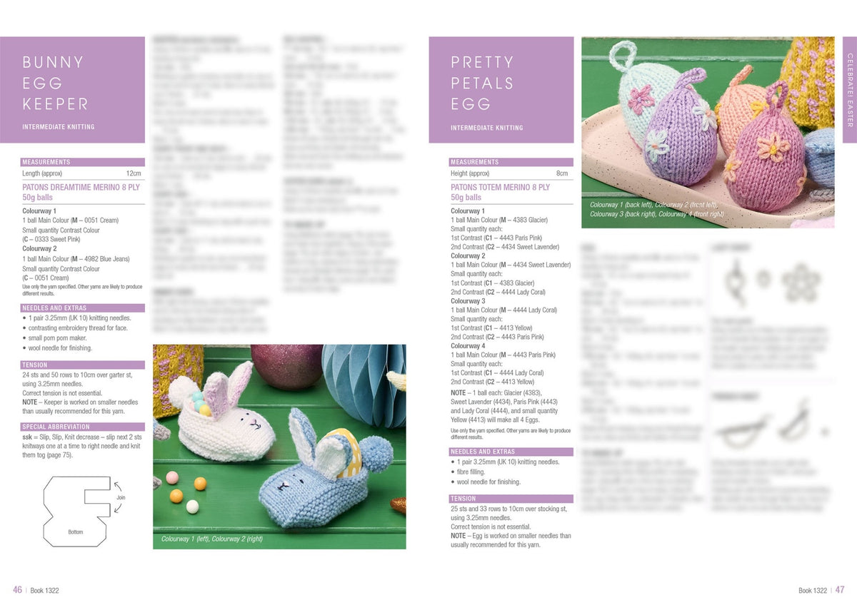 Knitting pattern page featuring pastel-colored bunny egg keepers and floral petal egg cozies, with yarn details and knitting instructions in text.