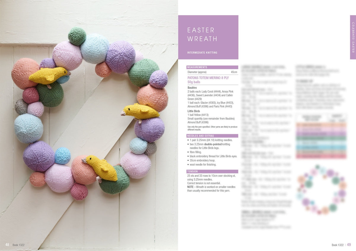 Knitted Easter wreath with pastel-colored balls in pink, blue, green, purple, and yellow. Three small knitted yellow chicks are perched on the wreath. Instruction text is partially visible on the right.