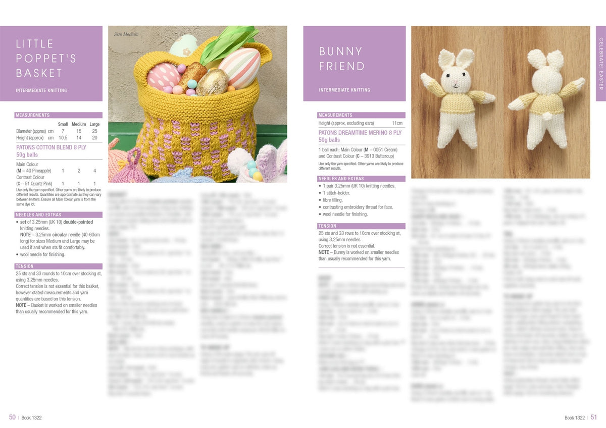 A knitting pattern spread features "Little Poppet’s Basket" and "Bunny Friend." The basket is yellow, filled with colorful eggs. Two knitted bunnies are displayed on the right.