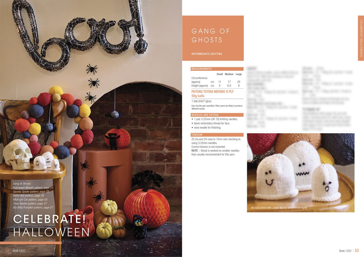 A Halloween-themed room with knitted ghosts, colorful pumpkins, and a skull. A balloon spells "boo" above a fireplace adorned with spiders. Cozy, festive vibe.