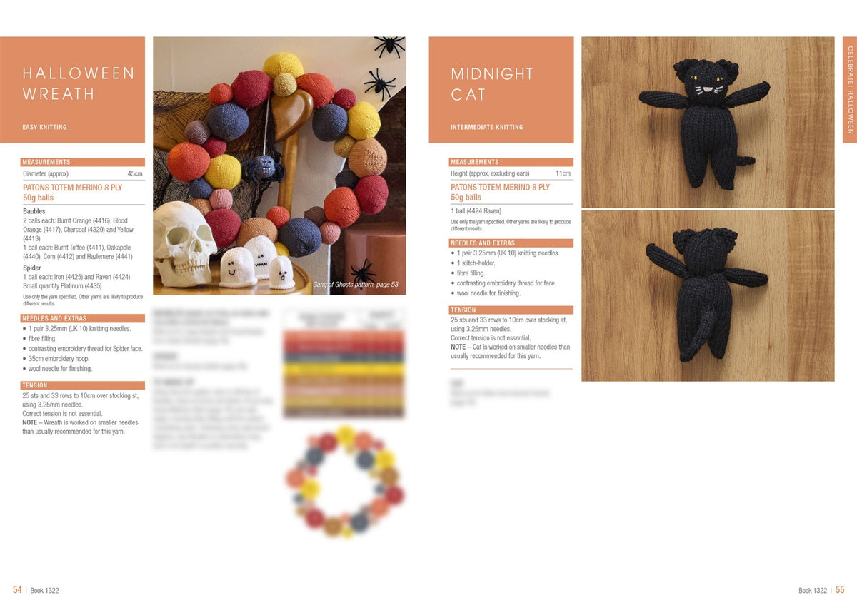 A craft magazine spread features a colorful knitted Halloween wreath with pumpkins and ghost decor on the left. On the right, instructions for a knitted black cat.