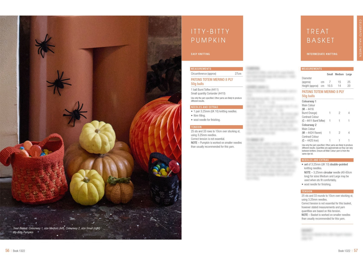 Festive Halloween scene with knitted pumpkins and treat baskets on a fireplace. Plastic spiders adorn the wall, and a paper pumpkin adds charm.