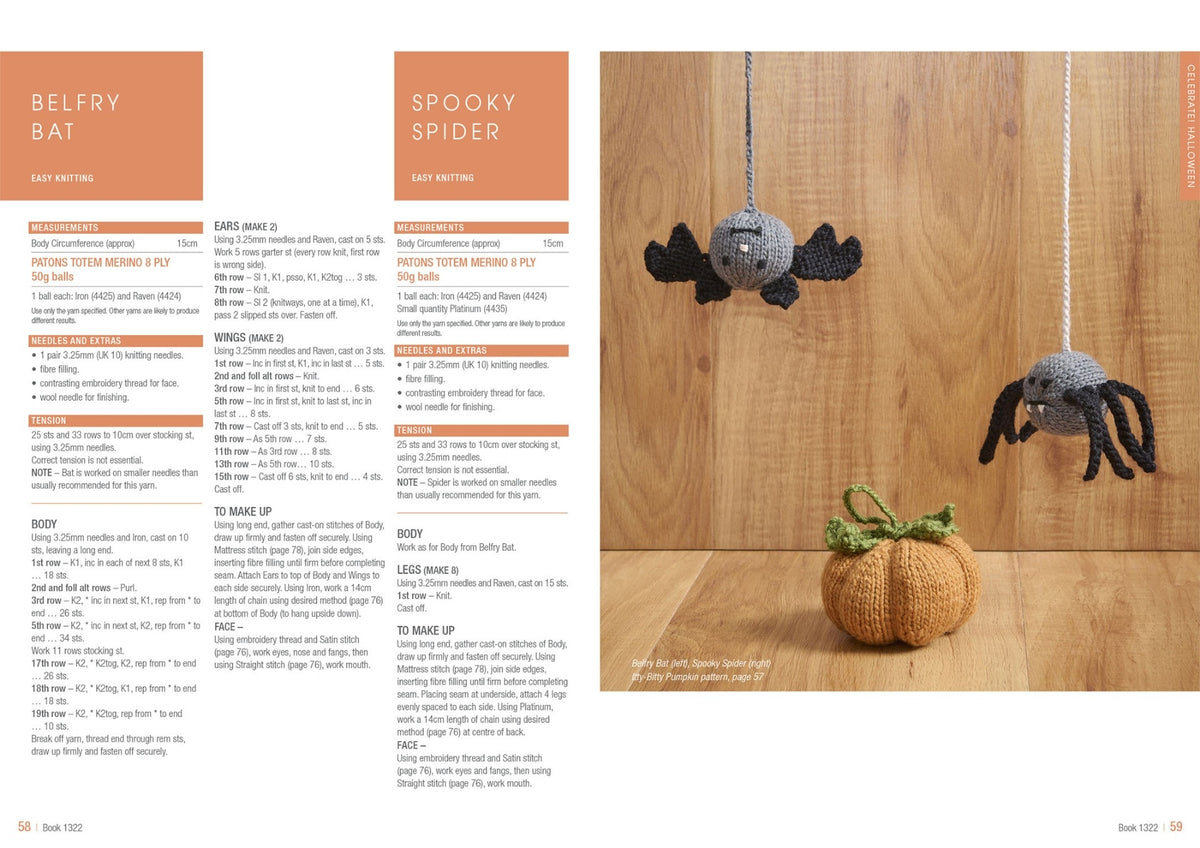 Craft pattern instructions for a knitted bat and spider on the left. On the right, a wooden background displays hanging knitted bat and spider over a small knitted pumpkin. The setup conveys a playful Halloween theme.