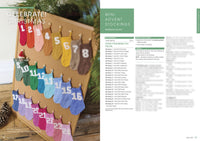 A cork board displays colorful mini knitted stockings numbered 1 to 24 for an Advent calendar. Text on the right offers knitting instructions. Holiday cheer.