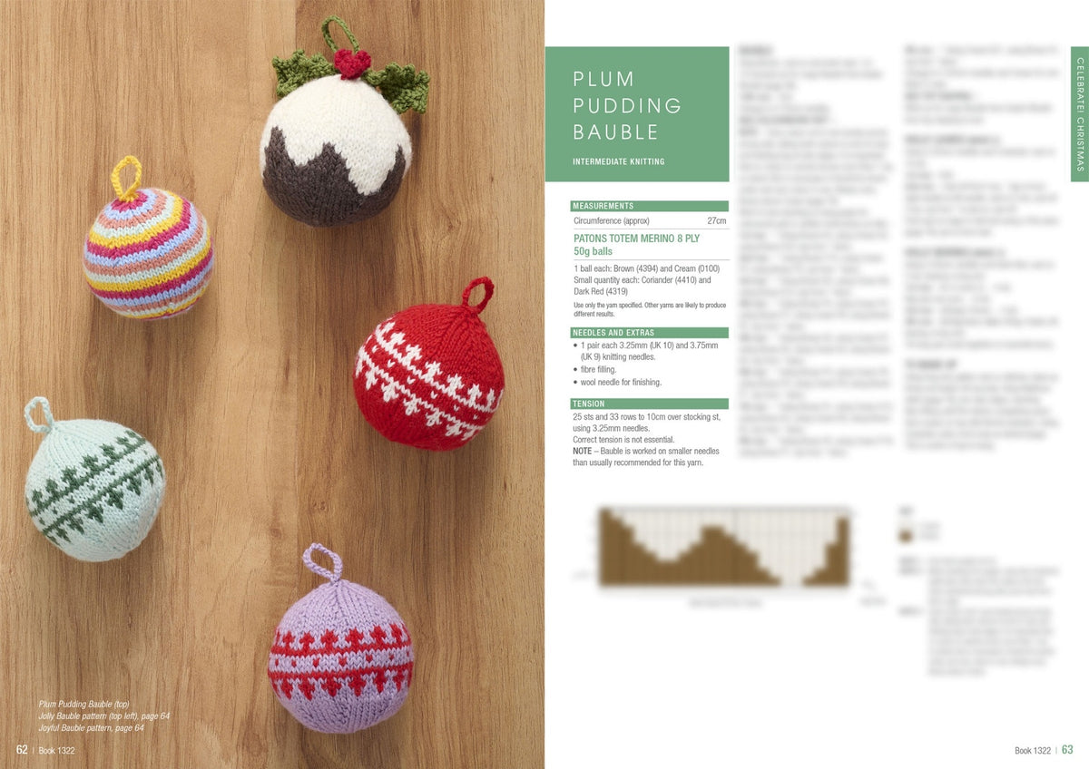 Five knitted Christmas baubles are spread out on a wooden surface. Designs include stripes and festive patterns in red, green, white, and purple hues. A text section titled "Plum Pudding Bauble" in green is on the right.