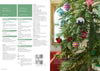 Knitted Christmas baubles in various colors and patterns hang on a pine branch. Text with knitting instructions is partially visible on the left. Festive and cozy ambiance.
