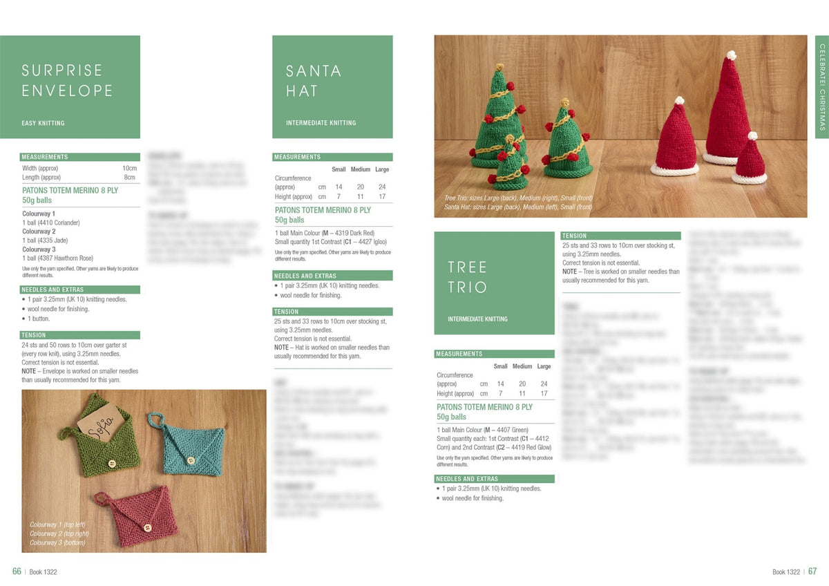 Magazine spread featuring knitting patterns. Left page shows "Surprise Envelope" with images of knitted envelopes. Right page displays knitted "Santa Hat" and "Tree Trio" with festive decor. Background is wooden.