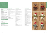 Five knitted animal figures in festive clothing are displayed on a wooden surface. Each wears seasonal attire, conveying a cheerful holiday spirit.