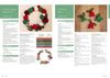 Knitting guide featuring a festive Christmas wreath with colorful yarn balls and tiny decorative hats with holly leaves and berries on a wooden surface.