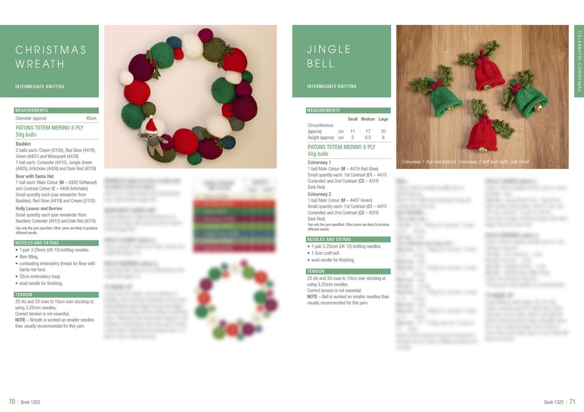 Knitting guide featuring a festive Christmas wreath with colorful yarn balls and tiny decorative hats with holly leaves and berries on a wooden surface.