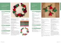 Knitting guide featuring a festive Christmas wreath with colorful yarn balls and tiny decorative hats with holly leaves and berries on a wooden surface.