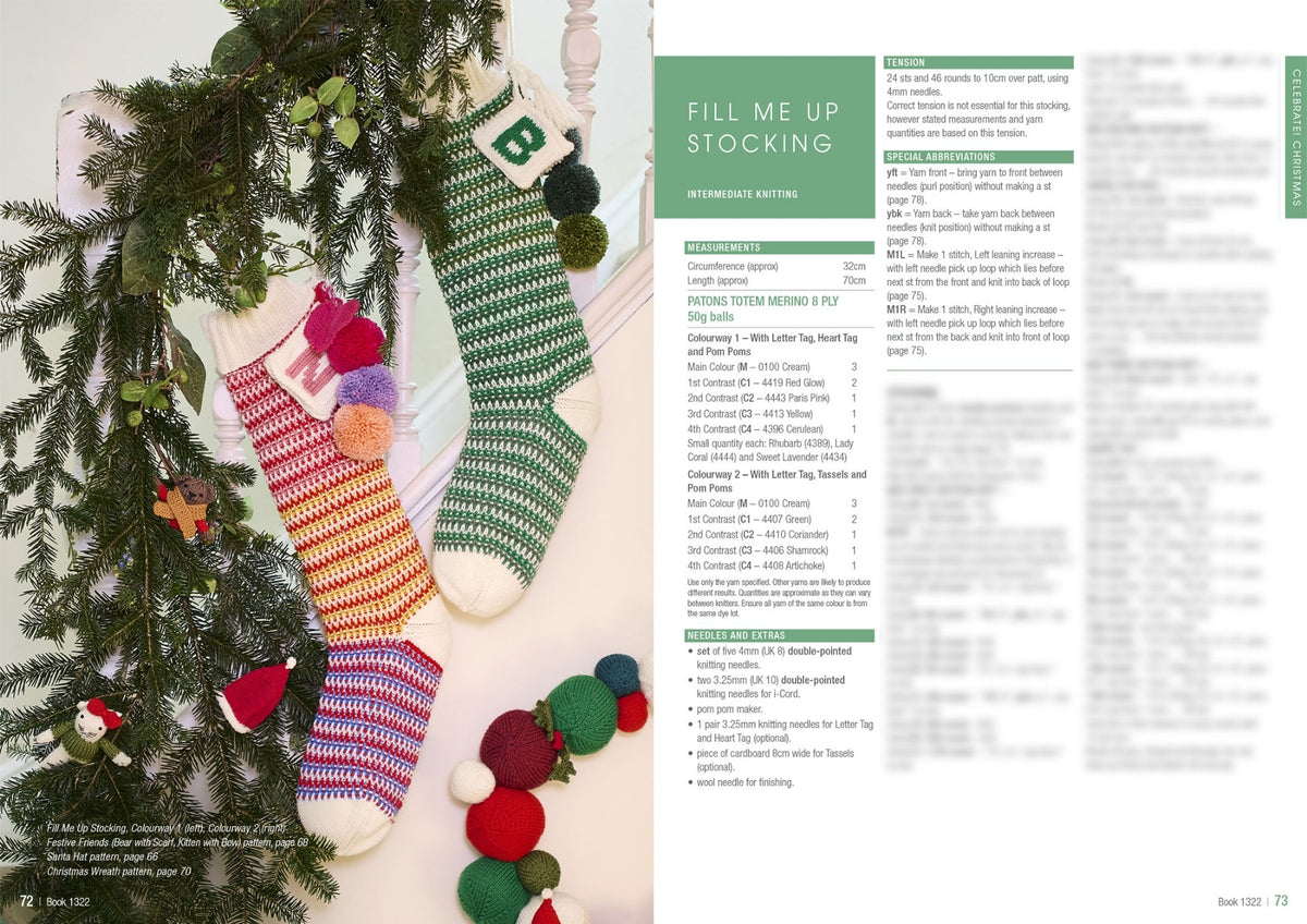 Two colorful knit stockings hang on a banister adorned with greenery. The left stocking is multicolored with pom-poms, and the right is green with a "B."