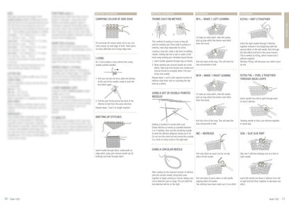 Knitting guide page showing illustrated techniques. Includes thumb cast-on, i-cord, knitting stitches, and increasing/decreasing methods with diagrams.