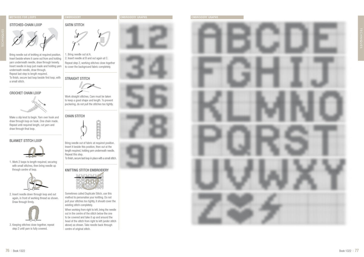 A crafting guide showing embroidery techniques and patterns. Left side lists instructions for various stitches. Right side shows grid patterns with numbers 1-9 and letters A-Z in bold font. Tone: instructional and creative.