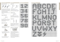 A crafting guide showing embroidery techniques and patterns. Left side lists instructions for various stitches. Right side shows grid patterns with numbers 1-9 and letters A-Z in bold font. Tone: instructional and creative.
