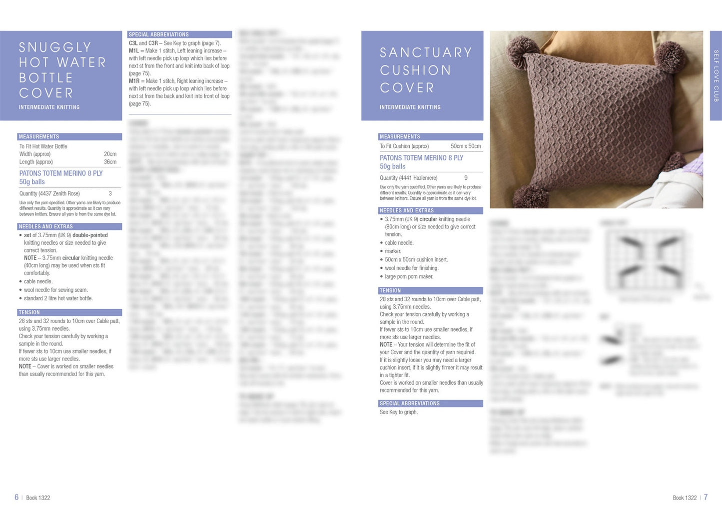 A knitting pattern page featuring two projects: 'Snuggly Hot Water Bottle Cover' and 'Sanctuary Cushion Cover.' On the left, the hot water bottle cover has details like measurements and materials needed. On the right, the cushion cover has a similar layout, with extra focus on the measurements and yarn requirements. The cushion is shown in a textured pattern with pom-poms at the corners, resting on a beige couch, giving a cozy and inviting feel.