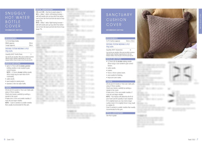 A knitting pattern page featuring two projects: 'Snuggly Hot Water Bottle Cover' and 'Sanctuary Cushion Cover.' On the left, the hot water bottle cover has details like measurements and materials needed. On the right, the cushion cover has a similar layout, with extra focus on the measurements and yarn requirements. The cushion is shown in a textured pattern with pom-poms at the corners, resting on a beige couch, giving a cozy and inviting feel.