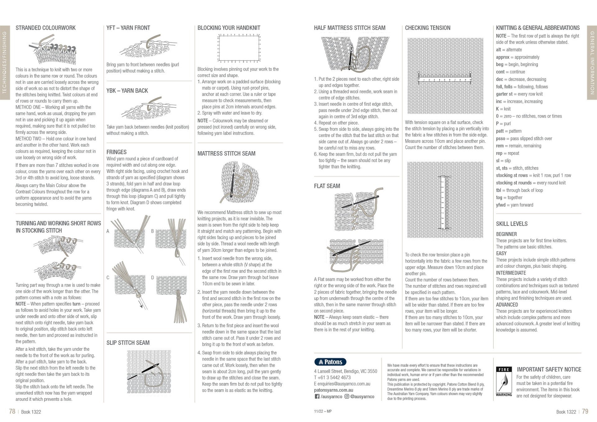 Image of a knitting instruction guide with detailed step-by-step illustrations and text. It covers techniques like seams, blocking, and fringe creation.