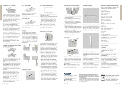 Image of a knitting instruction guide with detailed step-by-step illustrations and text. It covers techniques like seams, blocking, and fringe creation.